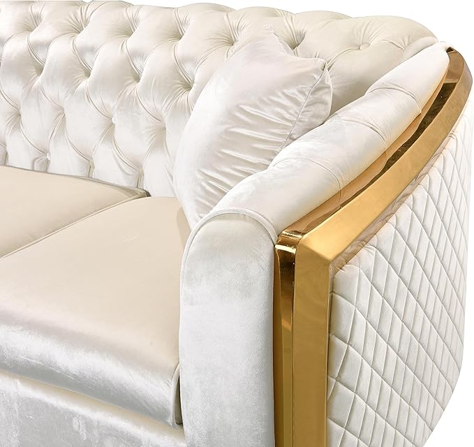 81.1 Beige &amp Gold 3 Seater Sofa Couch Velvet Chesterfield Sofa Modern Sectional Couch for Living Room Button Sofa with 2 Pillows