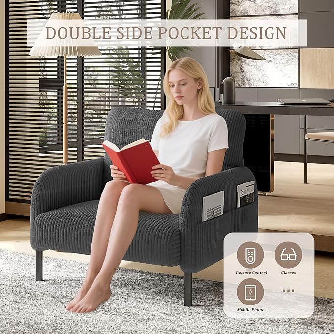 Gray Accent Chair - Corduroy Living Room Chairs with Side Storage Pockets and Durable Legs Comfy Arm Reading Chair with Soft Backrest for Bedroom Balcony Study Room
