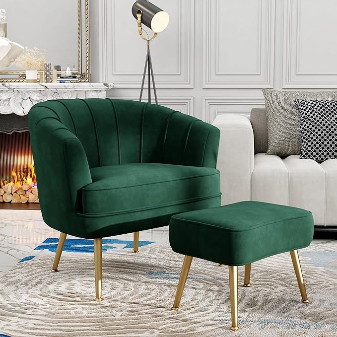 Andeworld Velvet Accent Chair with Ottoman Upholstered Modern Single Sofa Side ChairComfy Barrel Club Living Room Armchair with Golden Metal Legs for Bedroom Living Reading Room Office Green