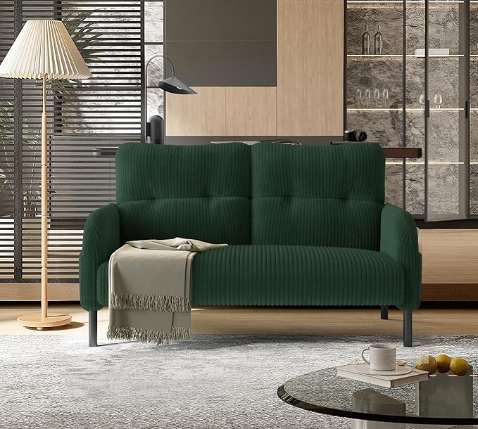 47'' Small Loveseat Sofa Comfy Corduroy Love Seat Couch for Small Spaces 2 Seater Sofa Office Couch with Solid Wood Legs for Living Room Bedroom Apartment (Emerald)