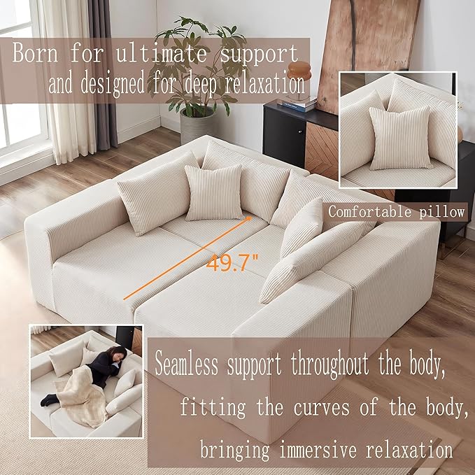 104 Modern Modular Sectional Sofa with Chaise &amp No Assembly Deep Seat 4-Seater L-Shaped Boneless Couch with Memory Foam &amp Corduroy Fabric Comfy Sectional Couches for Living Room Beige