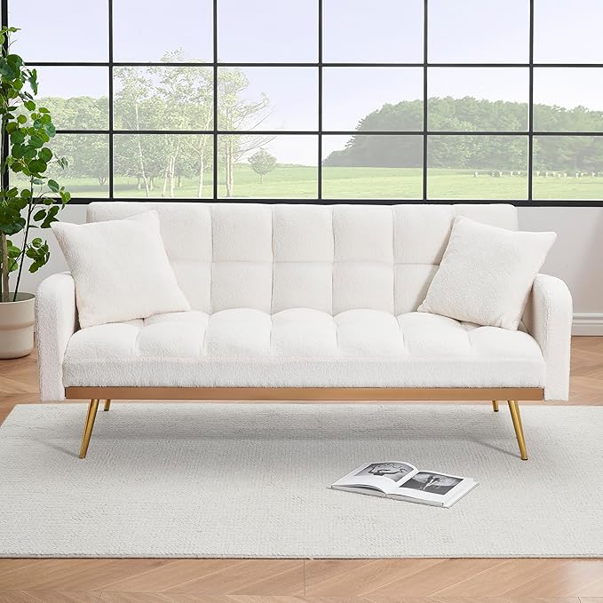 69 Convertible Sofa Bed with Two Throw Pillows Suitable for Living Room Bedrooms Offices Beige