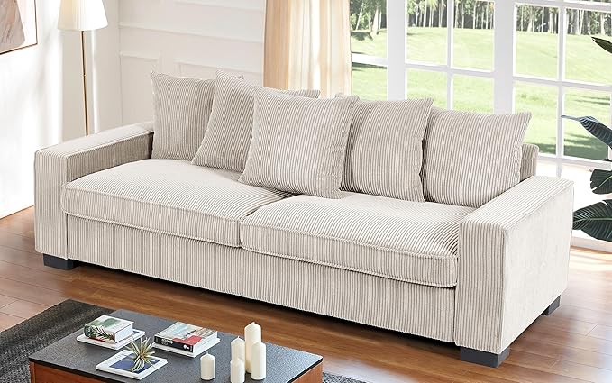 Luxe Corduroy Sofa with 5 Matching Toss Pillows Sleek Design Spacious and Comfortable 3 Seater Couch for Modern Living Room Large Ivory