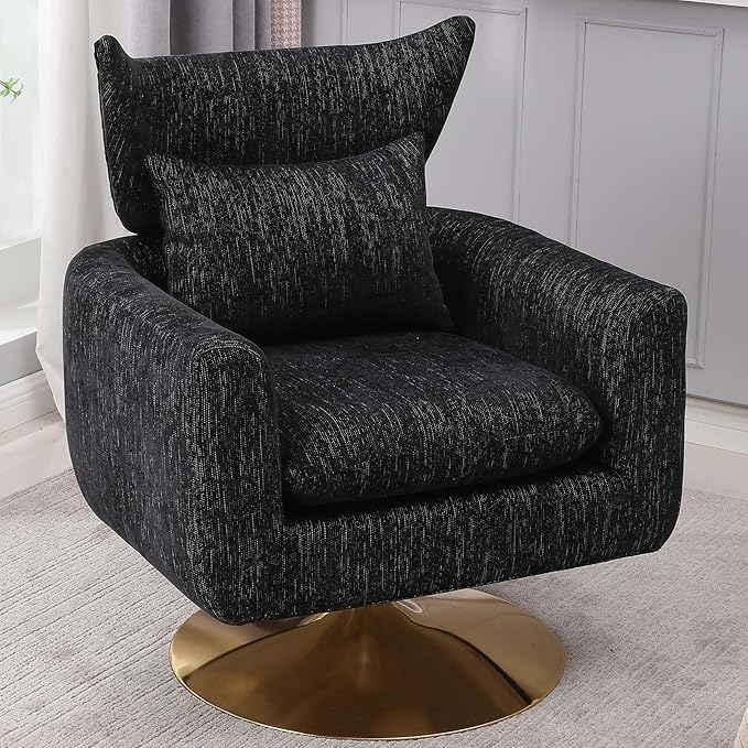 Swivel Accent Chairs for Living Room Mid Century Modern Accent Chair with Arms Comfy Side Chairs for Living Room with Gold Base &amp Lumbar Pillow Upholstered Armchair with Wingback (Black)