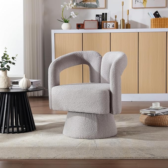 360 Degree Swivel Cuddle Barrel Accent Chairs Round Armchairs with Wide Upholstered Fluffy Fabric Chair for Living Room Bedroom Office Waiting Rooms (Light Gray Boucle) KO385