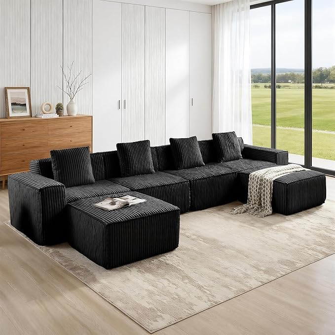 149.6'' Boneless Couch Cloud Couch Sectional U-Shape Modular Sectional Sofa Convertible Corduroy Sleeper Sofa Bed Upholstered Couches for Living Room No Assembly Required