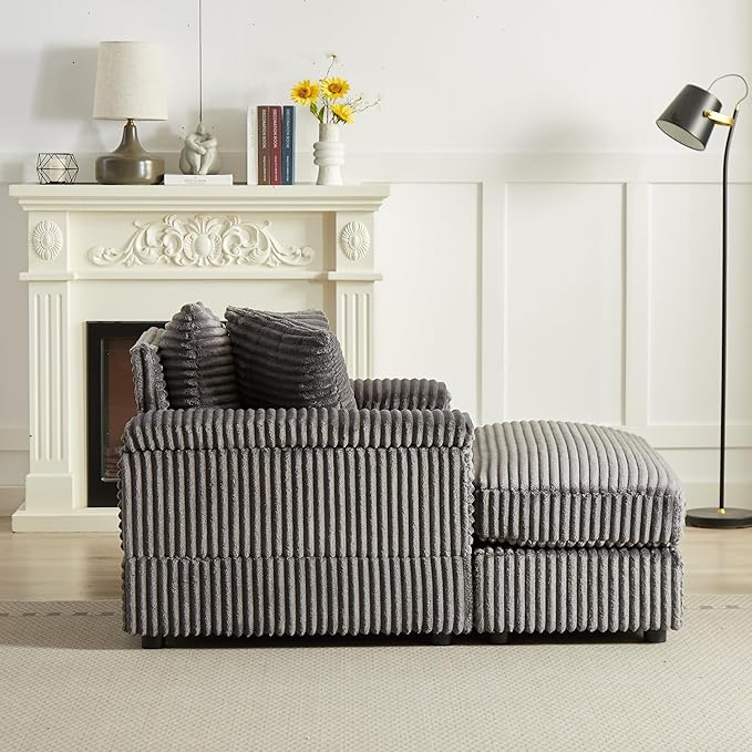 Oversized Corduroy Sleeper SofaComfy Thicked Upholstered Padded Chaise Longue with OttomanSoild Wood Reclining Chair DaybedDeep Seat Convertible Couch Bed for Living Room Office