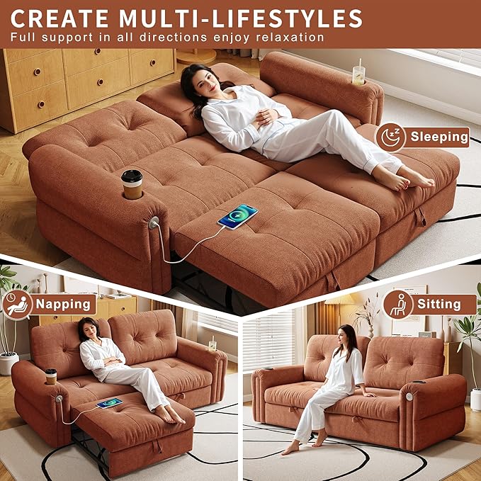 80.4 Convertible Sofa Bed with Cup Holders and Adjustable Backres Chenille Loveseat Sleeper Sofa with Pull Out Bed and USB Charging 3 in 1 Multi-Functional Couches (Orange 80.4-inch)
