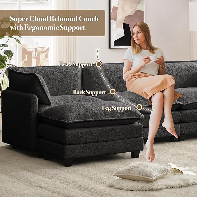 ROWHY 112'' Modular Sectional Cloud Couch with Movable Ottoman 4 Seat Modern Chenille Sofa with 2 Throw Pillows Deep Seat L Shaped Couch for Living Room Bedroom Apartment Dark Grey | Arrange Freedo