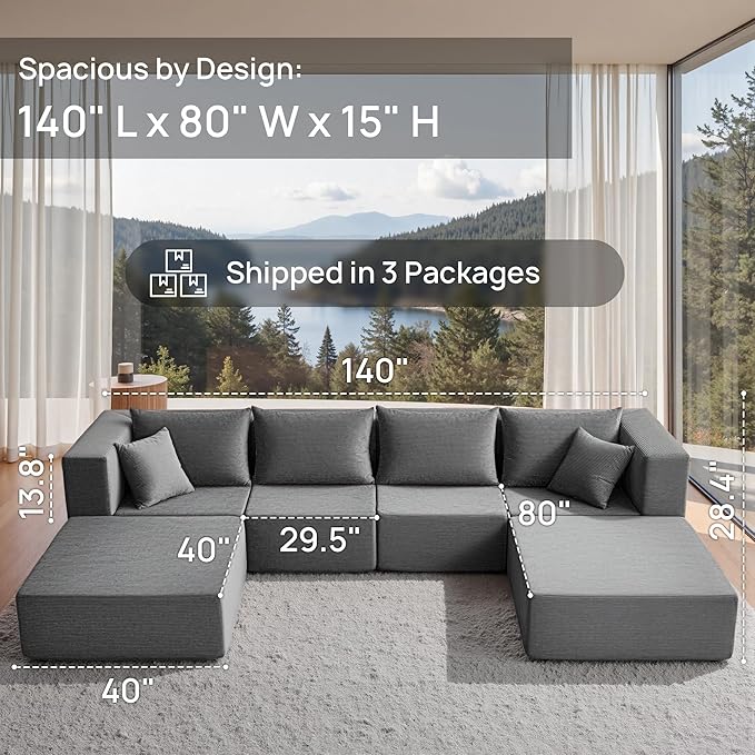 YINIX 140 Modular Sectional Sofa Couches Corduroy Sleeper Deep Seat Sofa Bed Comfy Cloud Couch for Living Room Floor Sofa 6 Piece Free Combination Compression No Assembly Required Grey