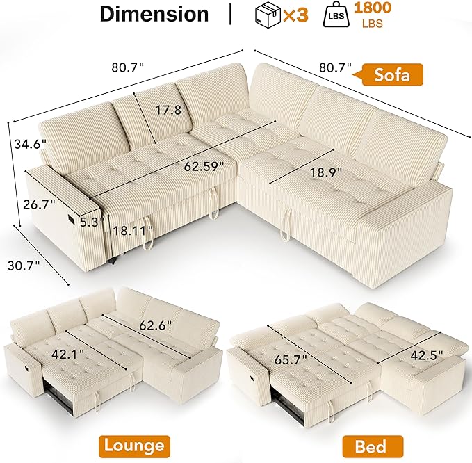 Vipbear Pull Out Sofa Bed Sectional Sleeper Sofa with Reclining Backrest &amp Storage Plush Pullout Modular Sectional Couches with USB Charging L Shaped Convertible Couch Bed for Apartment Beige |