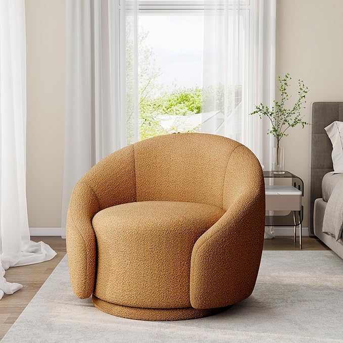 Swivel Barrel Accent Chair 360° Small Round Sofa Chair Comfy Modern Reading Armchair for Living Room Bedroom (Boucle Rusted Orange Set of 2)