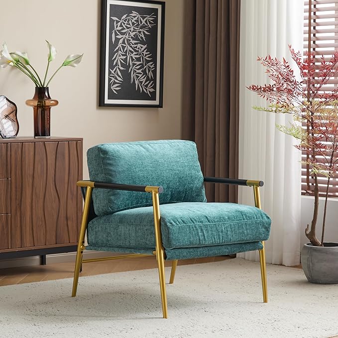 Christopher Knight Home Varsts 27.56 Accent Armchair with Plush Cushions Modern Seating Club Chair Minimalist Metal Frame and Wooden Armrest Design for Cozy Living Room Bedroom Office Teal Blue