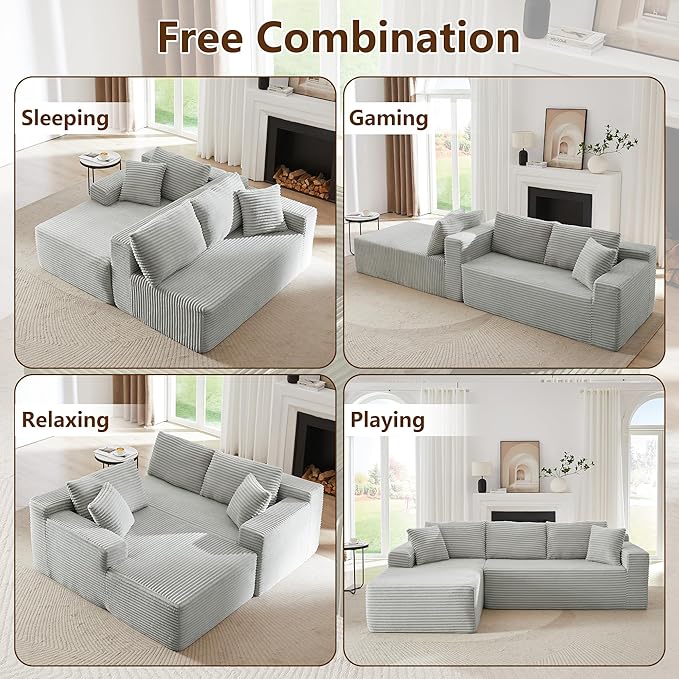 GNIXUU Cloud Sectional Couch with L-Shape Chaise Modern Modular Sofa with Deep Seat Comfy Corduroy Boneless Couches for Living Room Bedroom Apartments No Assembly Required Light Gray