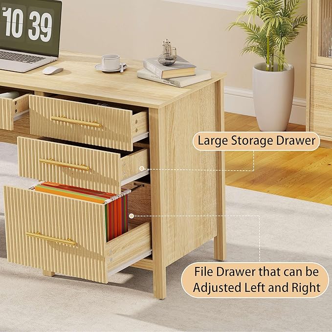 Modern Executive Desk with Drawers: 54 Oak Home Office Desks with File Drawers Wood Fluted Computer Writing Desk for Work Study and Living Room (54)