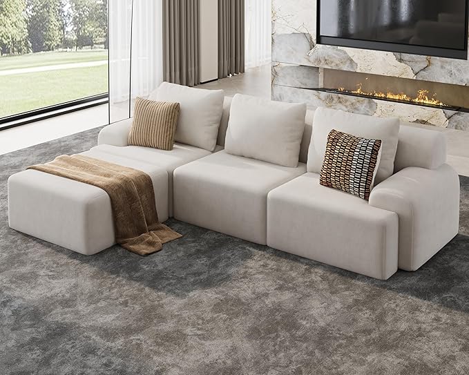 118 Boneless Couches for Living Room L-Shaped Deep Seat Cloud Couch 4 Seater Modular Sectional Sofa Plush Corduroy Convertible Oversized Couches No Assembly Required Beige