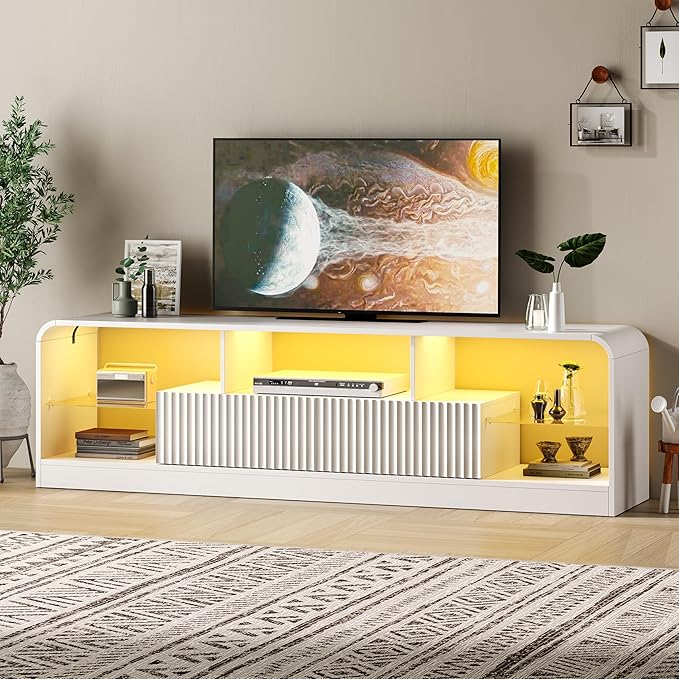 TV Stand for 60/65/70 Inch TVs Modern Curved TV Console with LED Lights 2 Drawers &amp Glass Shelves Living Room Entertainment Center