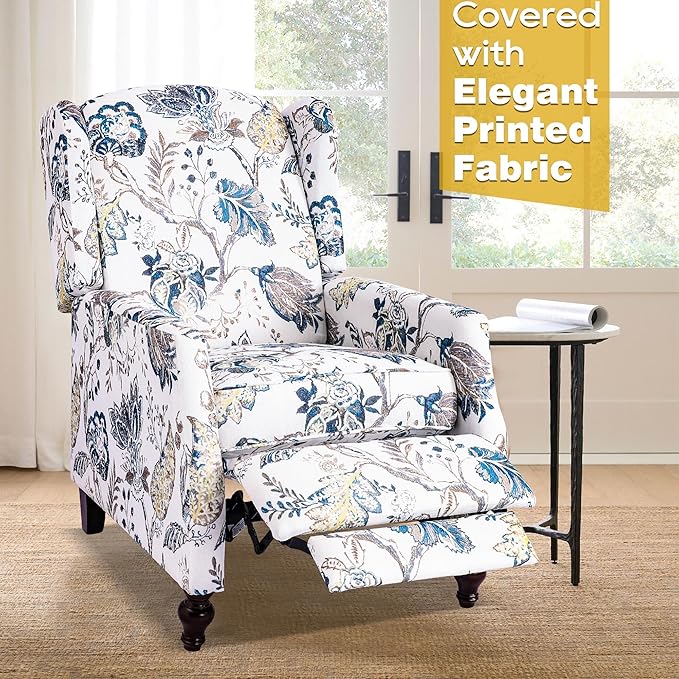 Mid Century Modern Wingback Recliner Chair for Adults Push Back Upholstered Accent Chair with Floral Fabric Manual Reclining Armchair for Living Room Bedroom Reading Corner (Blue Botanical)