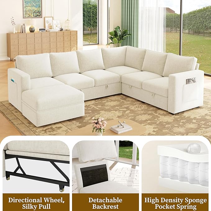 106.7 Sectional Sleeper Sofa with Pull Out Couch Modern 7 Seat U Shaped Modular Couch Sectionals Modular Sofa with Storage Comfy Sectional Couches for Living Room &amp Apartment Light Beige