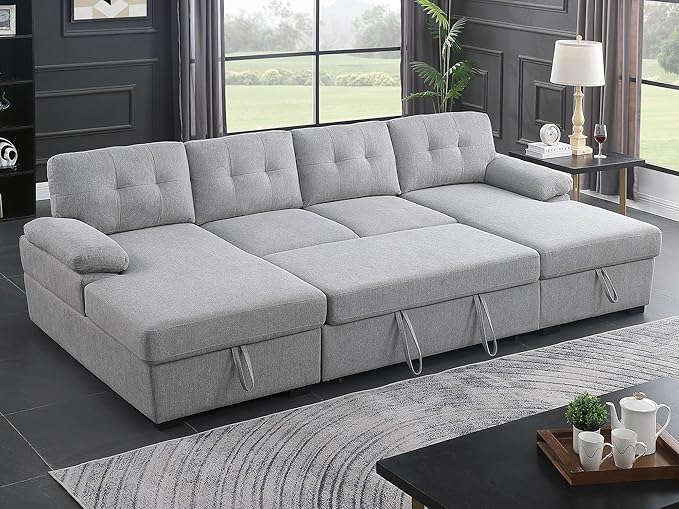 BEEY Sectional Sleeper Sofa 120 Oversized Couch Bed 4 Seat Sofa Bed U Shaped Sectional Couch with Pull Out Bed and Double Storage Chaise for Living Room Bedroom Light Grey