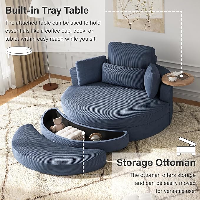 DEINPPA 51'' Accent Swivel Barrel Chair with Storage Ottoman Modern Oversized Round Leisure Sofa Chaise with Tray Pillows Corduroy Upholstered Lounge Chair for Bedroom Living Room Hotel Club Blue