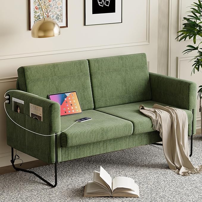 STHOUYN Small Green Love Seat Couches with USB Port &amp Side Pocket Small Loveseat for Small Spaces Mini Sofa for Bedroom 2 Seater Office Couch (Green)