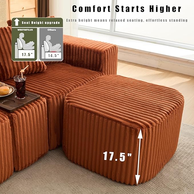 KEIKI 137.5 Modular U Shaped Sofa Oversized Corduroy Sectional Couch with Movable Footstool Cup Holders Wireless Charging Board Flexible No Assembly Sofa for Apartment or Loft