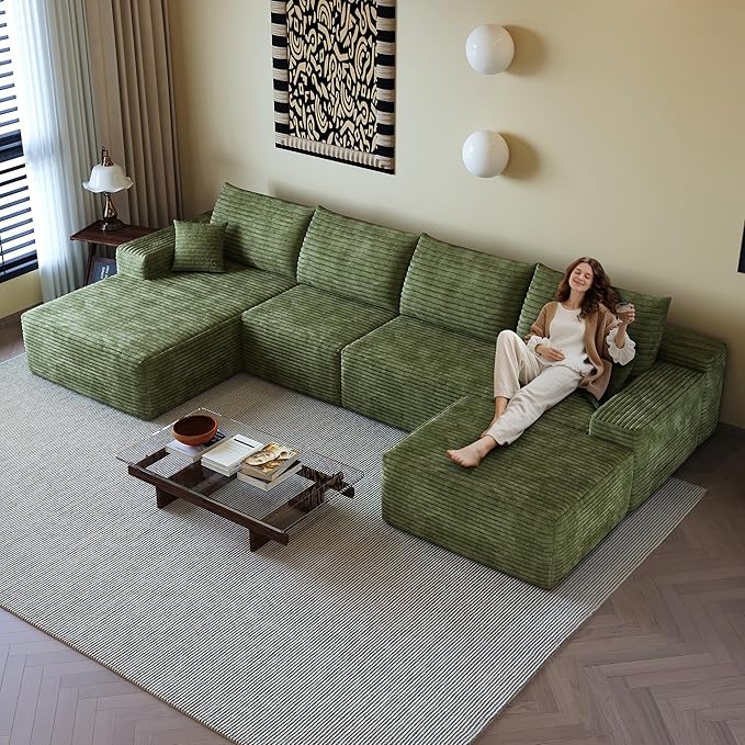 135.4 Oversized U Shaped Modular Sectional Sofa Cloud Couch with Chaise Lounge and Movable Ottoman Fluffy Corduroy Upholstered Boneless Sofa Deep Seat Couches w/Pillows | 35D Full Foam Compressed