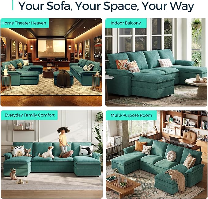 LINSY HOME U Shaped Couch Sectional Sofa 115 Modular Couches with Double Chaise Lounge Chenille 4 Seater Sofa Set for Living Room Apartment Office Green