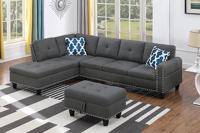 98 L-Shaped Sectional Couch with Storage Ottoman and Left Facing ChaiseLinen Upholstered Sofa with 2 Cup Holders and 2 Throw Pillows for Living RoomDark Grey