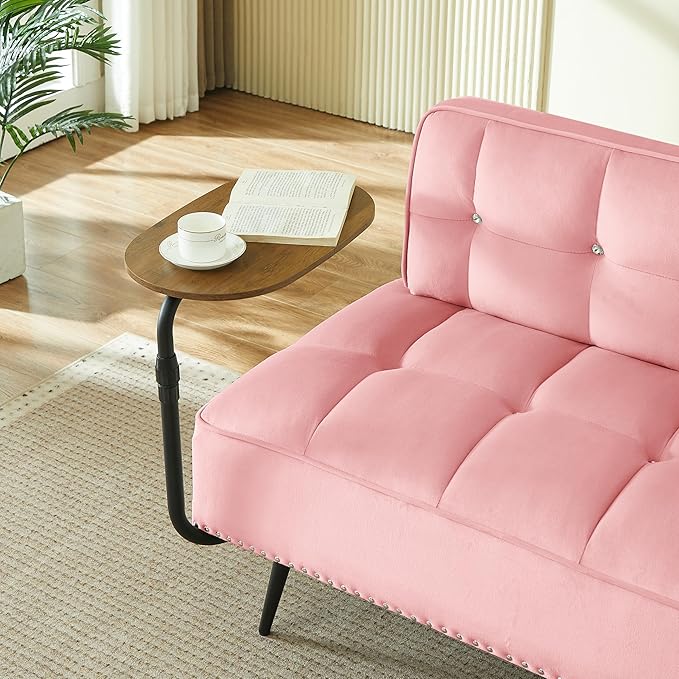 KEIKI 54 2Seat Velvet Loveseat Sofa Couch Rotating Side Table Memory Foam for Feminine Retreat Home Office Style Conscious Glam Seekers Cozy Warm Perfect for Entertaining Refined Design Pink