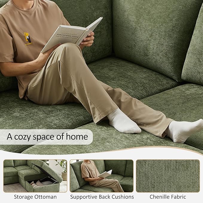 VANOMi 94 Sectional Sleeper Sofa with Pull Out Couch Comfy 6 Seater L Shaped Modular Sofa with Storage Ottoman Modern Convertible Chenille Cloud Couches for Living Room Apartment Olive
