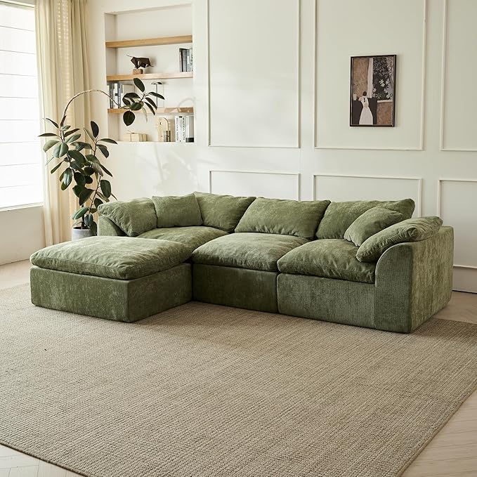 109 Modern Cloud Couches for Living Room Deep Seat Convertible L-Shape Boneless Couch with Ottoman Oversized Comfy 3-Seater Couch Chenille Fabric Compressed Sofa Modular Sectional Sofa (Green)
