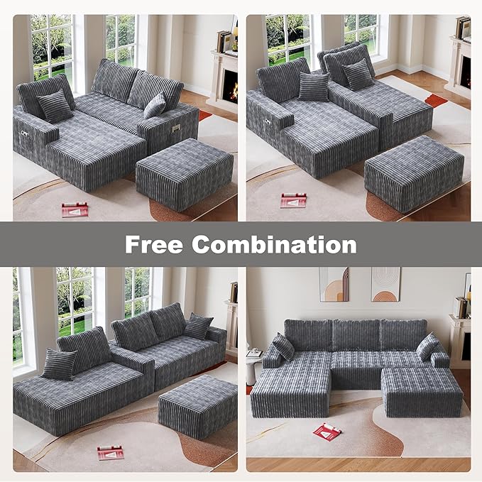 Modular Sectional Sofa 3-Seat L-Shaped Cloud Couch with Memory Foam Oversized Chaise for Living Room Breathable Fabric &amp Removable Cover