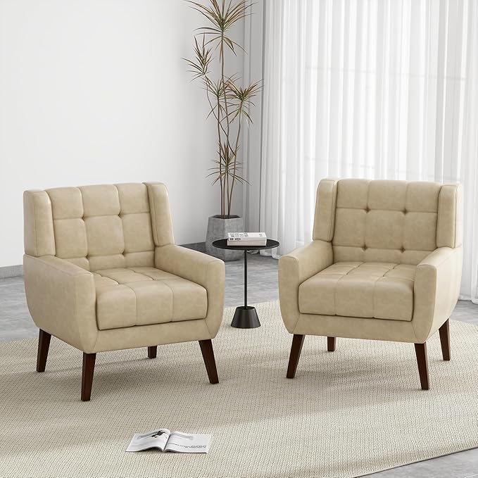 UIXE Faux Leather Accent Chair Modern Upholstered Club Arm Chair for Living Room Comfy Armchair Single Sofa Seat with Solid Wooden Legs (Cream)