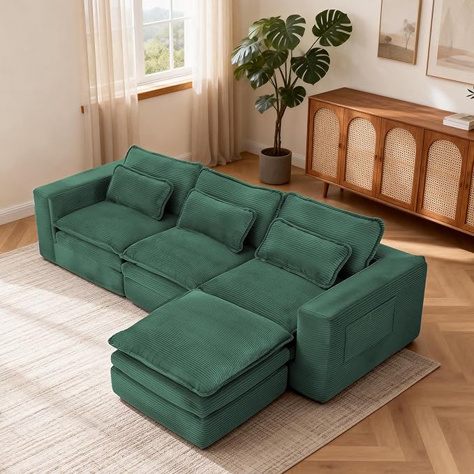 109 L Shape Modular Sectional Sofa with Ottoman Boneless Couch Three-Layer Deep 3 Seat Convertible Pull Out Sofa Bed Sleeper for Living Room No Assembly 109 L-Green