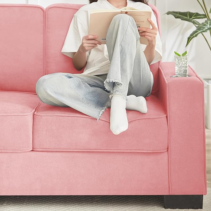 Ball &amp Cast 84 Snowfleece Sofa - Modern 3-Seater Sleeper Couch with 2 CupholdersCouches for Living Room Bedroom Office Apartment Easy Assembly Pink