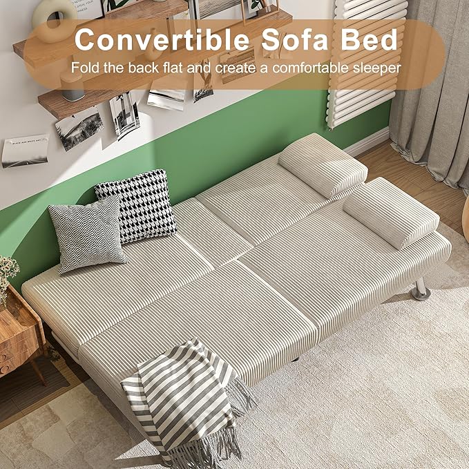 Shahoo Modern Upholstered Convertible Folding Futon Sofa Bed with Removable Armrests Metal Legs 2 Cup Holders for Living Room Beige