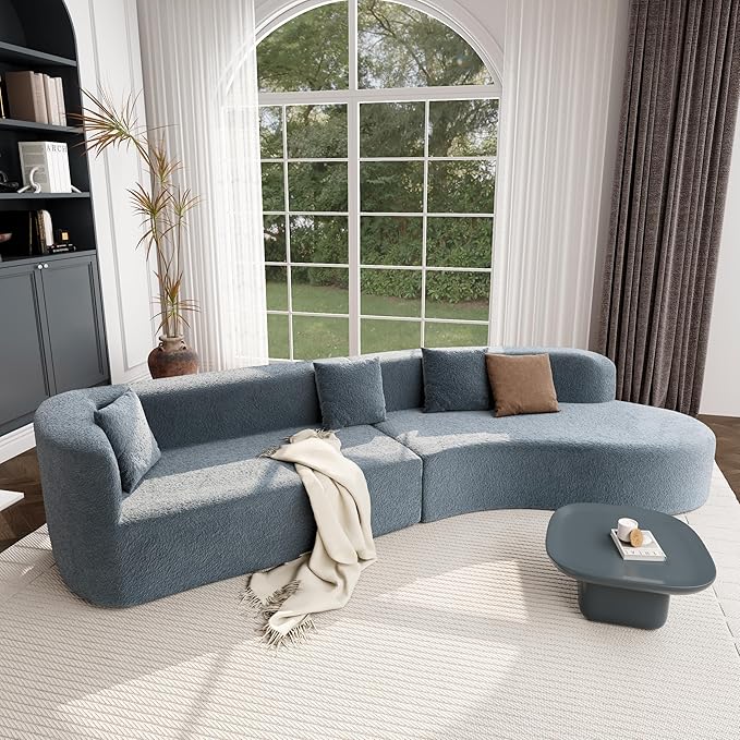 132 Modern Sectional Sofa with Curved Design 2-Piece Chenille Modular Couch with 4 Pillows Plush Sponge &amp Spring Cushion Large Sponge Modular Sofa for Living Room (Dark Blue#56)
