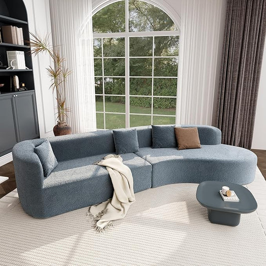 132 Modern Sectional Sofa with Curved Design 2-Piece Chenille Modular Couch with 4 Pillows Plush Sponge &amp Spring Cushion Large Sponge Modular Sofa for Living Room (Dark Blue#56)