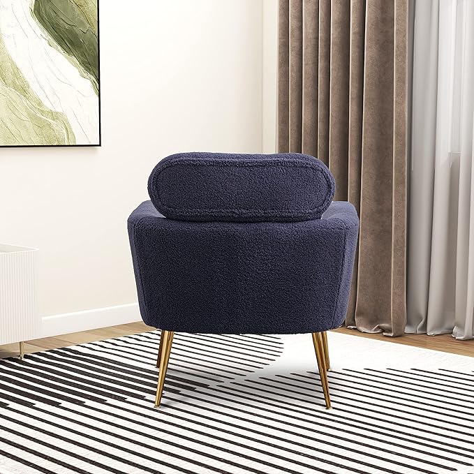 29.5 W Modern Boucle Accent Chair Armchair Upholstered Reading Chair Single Sofa Leisure Club Chair with Gold Metal Leg and Throw Pillow for Living Room Bedroom Dorm Room Office Navy Boucle