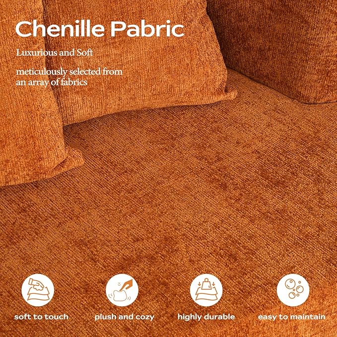 106 Modern Curved Boneless Sectional Couches for Living Room Luxury Chenille Fabric Oversized Modular Cloud Sofa with 4 Pillows Comfy Deep Seat Foam Couch in Box No Assembly (4 Seater Orange)