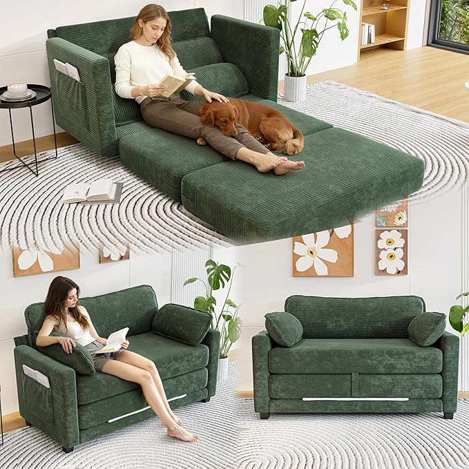 Convertible Sofa Bed Loveseat Sleeper Sofa with Side Storage &amp Solid Wood Frame Corduroy Small Couch Bed for Small Space Pull Out Floor Couch for Apartment Guest (Green 51)
