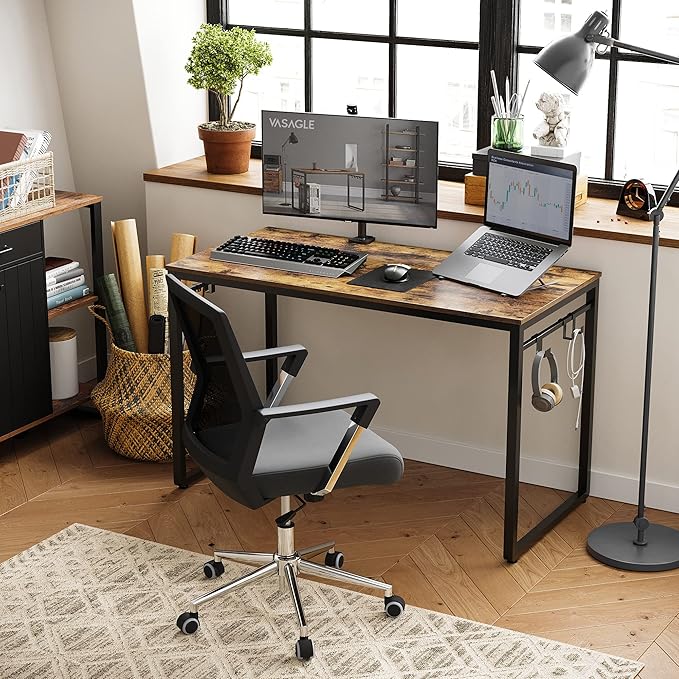 VASAGLE Computer Desk Office Desk with 8 Hooks for Study Home Office Easy Assembly Industrial Design 47.2 x 23.6 x 29.5 Inches Rustic Brown ULWD58X