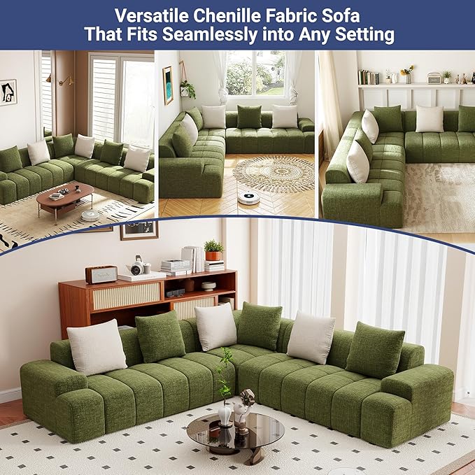 109'' L Shaped Modular Sectional Sofa Chenille Couch for Living Room Bedroom with 6 Cushions Convertible Olive Green