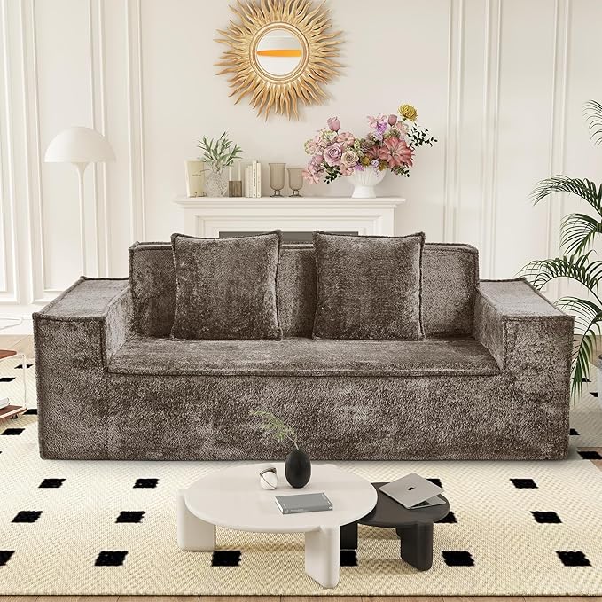 77'' Chenille Upholstered Modern Cloud Loveseat Sofa No Assembly Required Deep Seat Couches Includes 2 pcs Pillows for Living Room Bedroom Apartment(Brown)