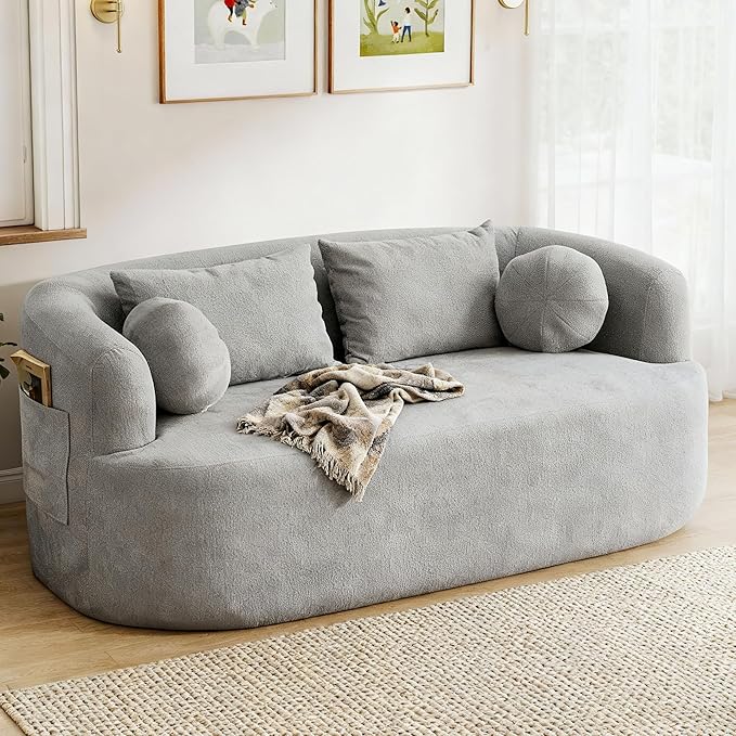 Loveseat Sofa 67.3 Boneless Curved Sofa Filling with Foam and Spring Chenille Small Love Seat for Small Spaces 4 Pillows and Side Pocket Living Room Apartment Bedroom No Assembly