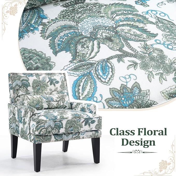 ANJ Floral Accent Chair with Lumbar PillowUpholstered Wingback Reading Armchair with Nailhead Trim Mid-Century Single Sofa Chair for Living Room Bedroom Green Floral