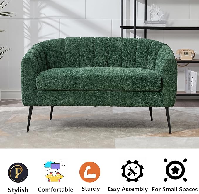 50.2 Small Sofa Couch for Small SpacesModern Green Corduroy Loveseat CouchesOval 2 Seater Sofas Love Seat with Black Metal Legs for ApartmentBedroomRV. (Green 50.2)