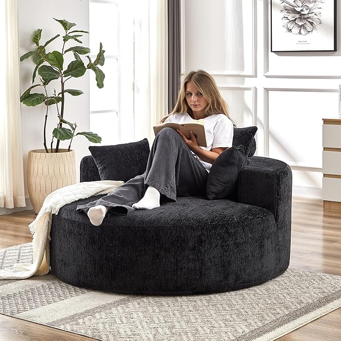 55''W Chenille Oversized Round Chaise Longue Chair Indoor Upholstered Deep Seat Floor Sofa Chair with Pillow No Assembly Required Single Sofa Armchair for Living Room(Chenille Black)